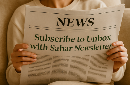 a woman sitting on a sofa holding a newspaper with the headline subscribe to Unbox with Sahar newsletter