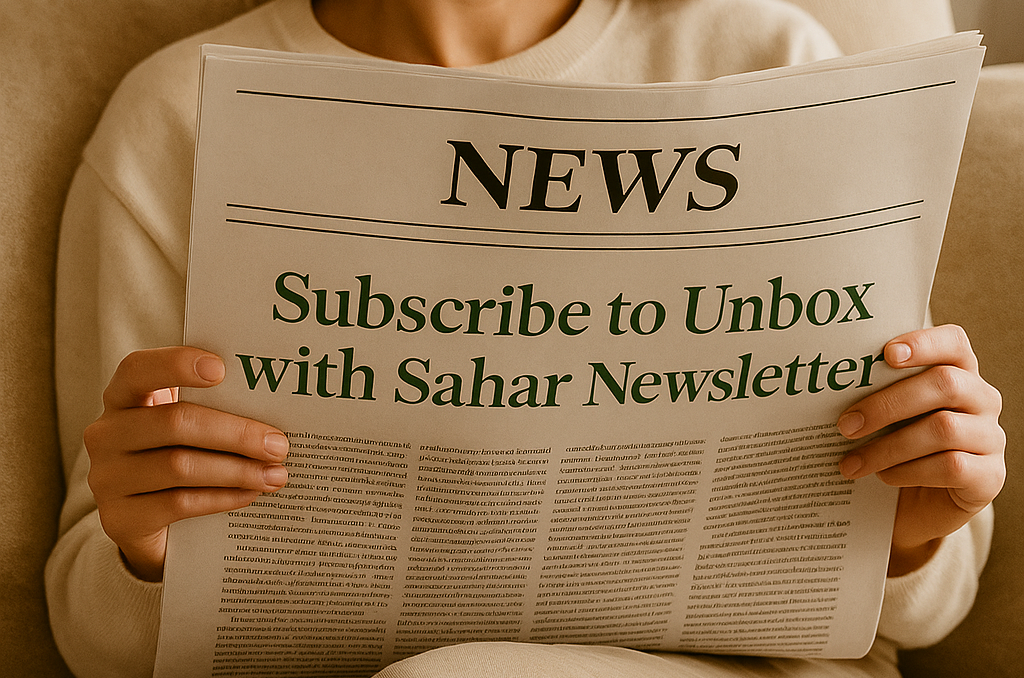 a woman sitting on a sofa holding a newspaper with the headline subscribe to Unbox with Sahar newsletter