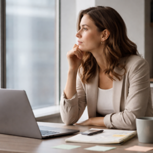 Professional woman in a modern office looking thoughtfully out of the window beside her laptop, reflecting on why she feels stuck in her career.