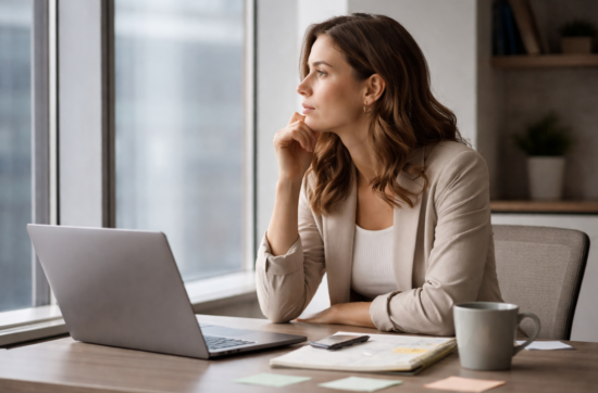 Professional woman in a modern office looking thoughtfully out of the window beside her laptop, reflecting on why she feels stuck in her career.