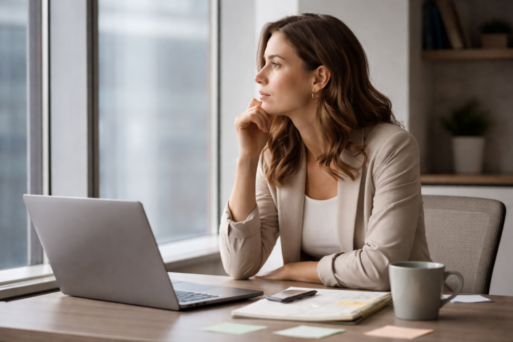 Professional woman in a modern office looking thoughtfully out of the window beside her laptop, reflecting on why she feels stuck in her career.