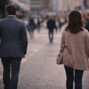 A man and woman walking in the same direction on a city street with subtle space between them, symbolising relational recalibration as identity stabilises.