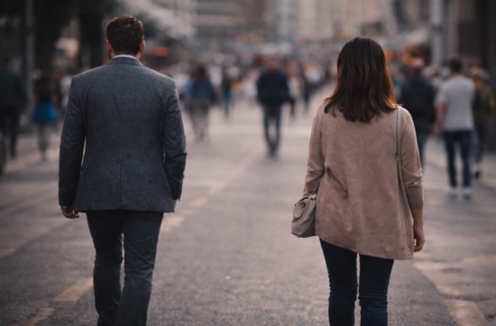 A man and woman walking in the same direction on a city street with subtle space between them, symbolising relational recalibration as identity stabilises.