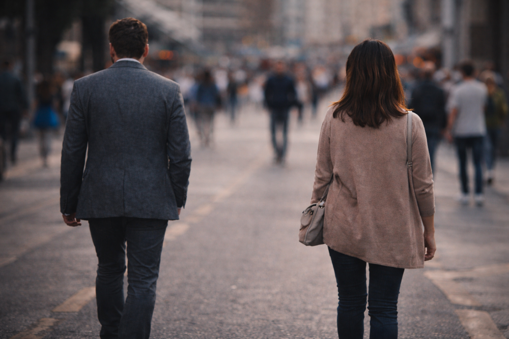 A man and woman walking in the same direction on a city street with subtle space between them, symbolising relational recalibration as identity stabilises.