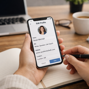 Person reviewing and updating a social media profile on a smartphone at a desk, symbolising reflection, alignment, and authentic self-expression