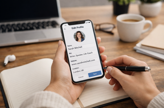 Person reviewing and updating a social media profile on a smartphone at a desk, symbolising reflection, alignment, and authentic self-expression