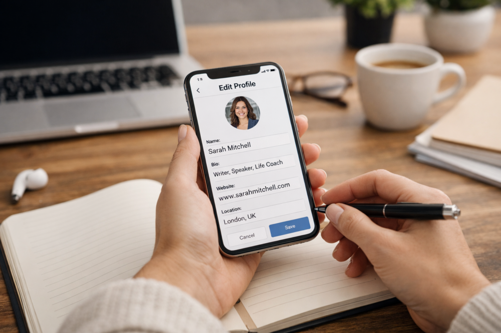 Person reviewing and updating a social media profile on a smartphone at a desk, symbolising reflection, alignment, and authentic self-expression