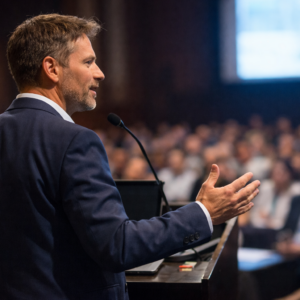 Male keynote speaker presenting to an audience at a conference, representing leadership visibility, authentic communication, and influence in business.