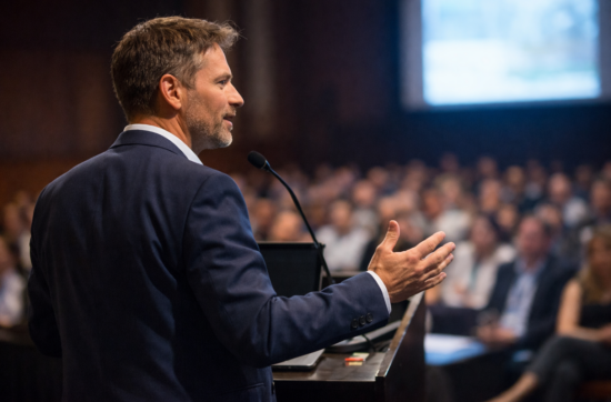 Male keynote speaker presenting to an audience at a conference, representing leadership visibility, authentic communication, and influence in business.