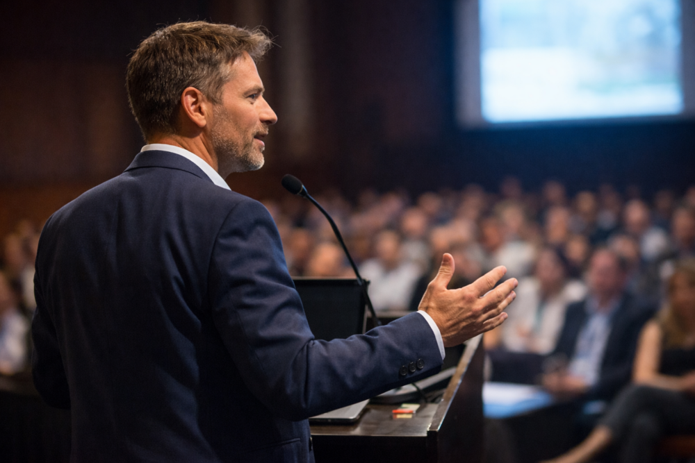 Male keynote speaker presenting to an audience at a conference, representing leadership visibility, authentic communication, and influence in business.
