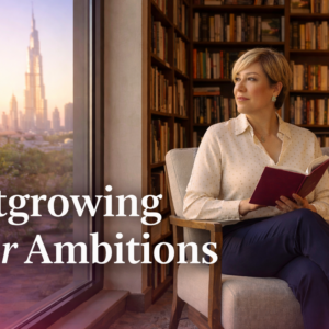 Sahar Huneidi Palmer in a quiet library setting, reflecting on self-growth, identity and outgrowing ambitions, with the Dubai skyline in the background.