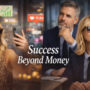 Split image showing two contrasting interpretations of success. On the left, a glamorous woman in a gold sequinned dress smiles while taking a selfie, surrounded by floating social media metrics and engagement icons. On the right, a professionally dressed man in a navy suit sits thoughtfully at a desk, appearing reflective and serious. The centred title reads “Success Beyond Money,” highlighting the contrast between visible performance and inner evaluation.