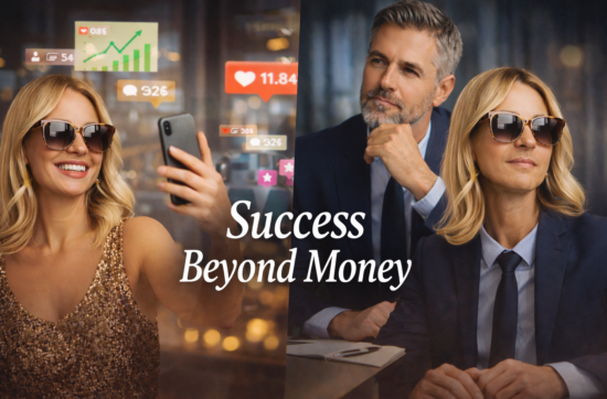 Split image showing two contrasting interpretations of success. On the left, a glamorous woman in a gold sequinned dress smiles while taking a selfie, surrounded by floating social media metrics and engagement icons. On the right, a professionally dressed man in a navy suit sits thoughtfully at a desk, appearing reflective and serious. The centred title reads “Success Beyond Money,” highlighting the contrast between visible performance and inner evaluation.