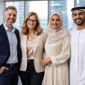 Four diverse professionals standing confidently in a modern office, symbolising self-leadership, alignment, and collaborative success.