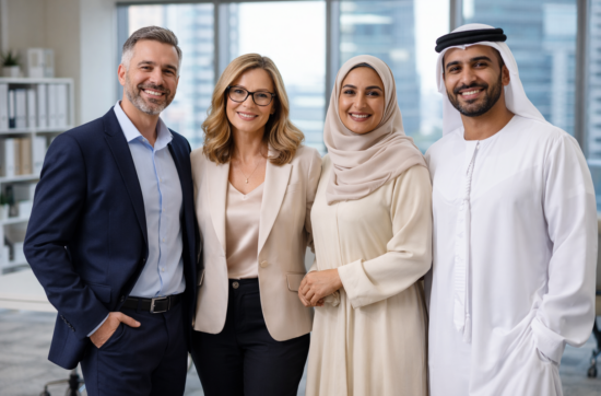 Four diverse professionals standing confidently in a modern office, symbolising self-leadership, alignment, and collaborative success.