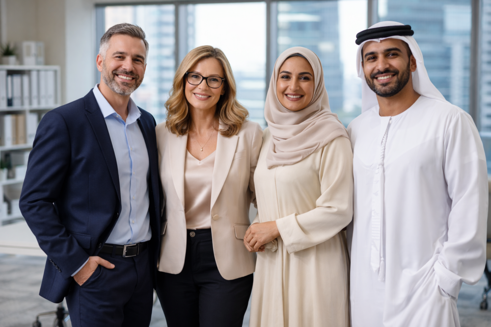 Four diverse professionals standing confidently in a modern office, symbolising self-leadership, alignment, and collaborative success.