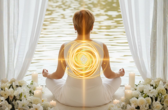 Life mentor Sahar Huneidi Palmer sitting in meditation pose dressed in white with her back to the viewer and a yellow spiral representing sound over her middle back on the cover of her sound practice tool