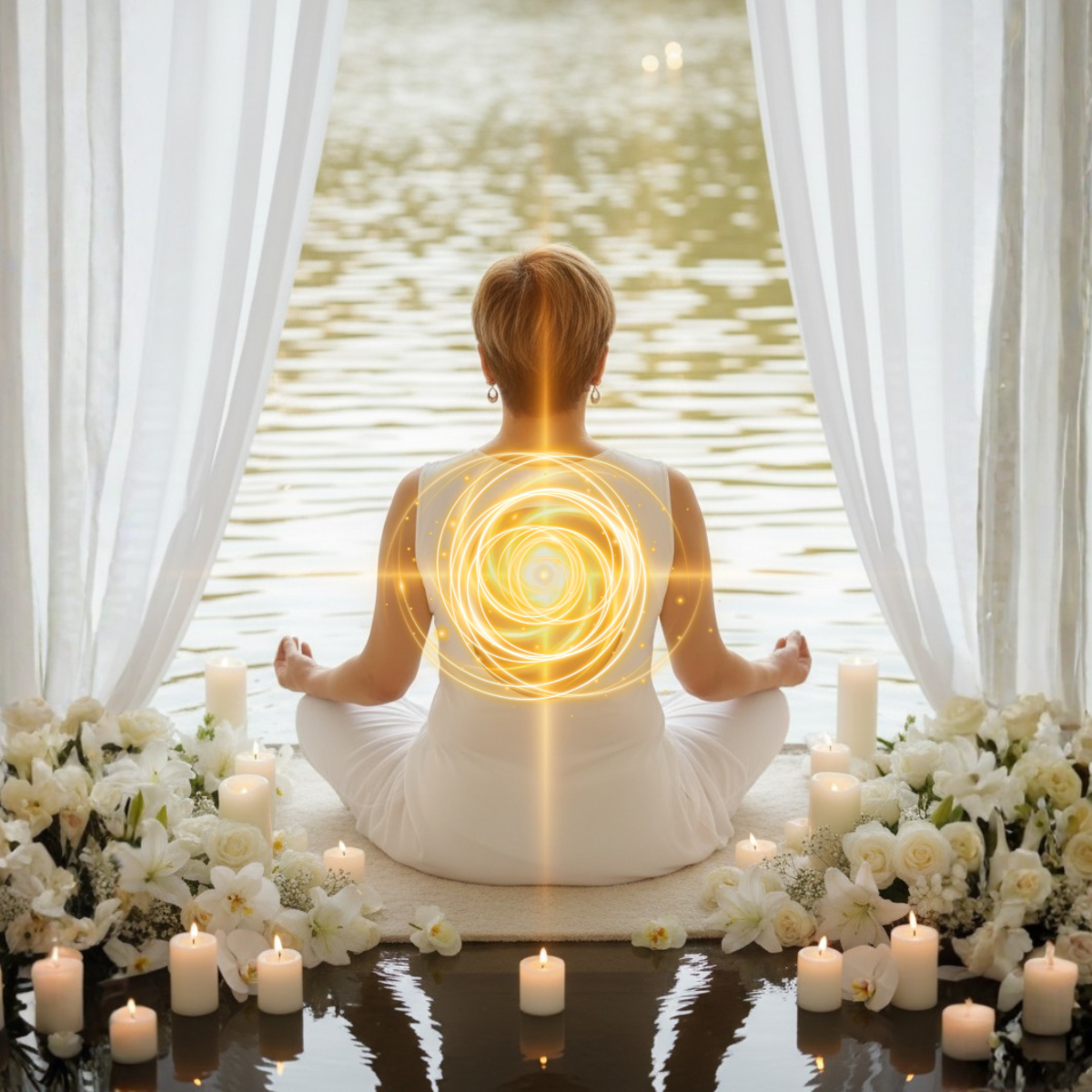 Life mentor Sahar Huneidi Palmer sitting in meditation pose dressed in white with her back to the viewer and a yellow spiral representing sound over her middle back on the cover of her sound practice tool