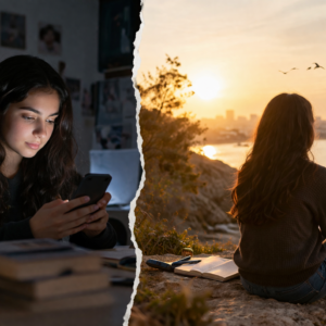 A woman sitting in a calm modern space appearing composed yet emotionally distant, representing feeling off, inner misalignment, and performing life instead of living authentically.