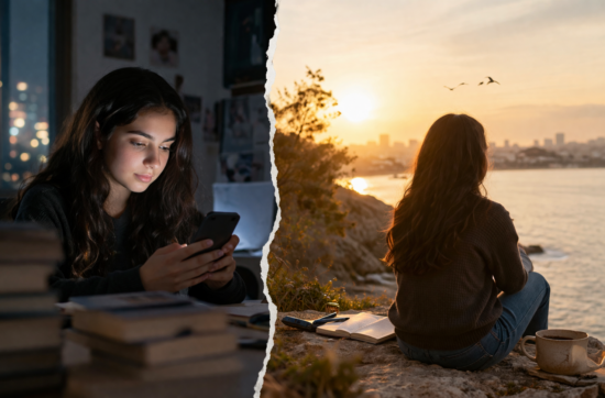 A woman sitting in a calm modern space appearing composed yet emotionally distant, representing feeling off, inner misalignment, and performing life instead of living authentically.