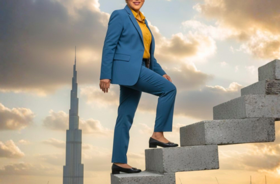 Life mentor and author Sahar Huneidi Palmer in blue suit and yellow shirt climbing up step against background of Dubai and Burj Khalifa in the skyline