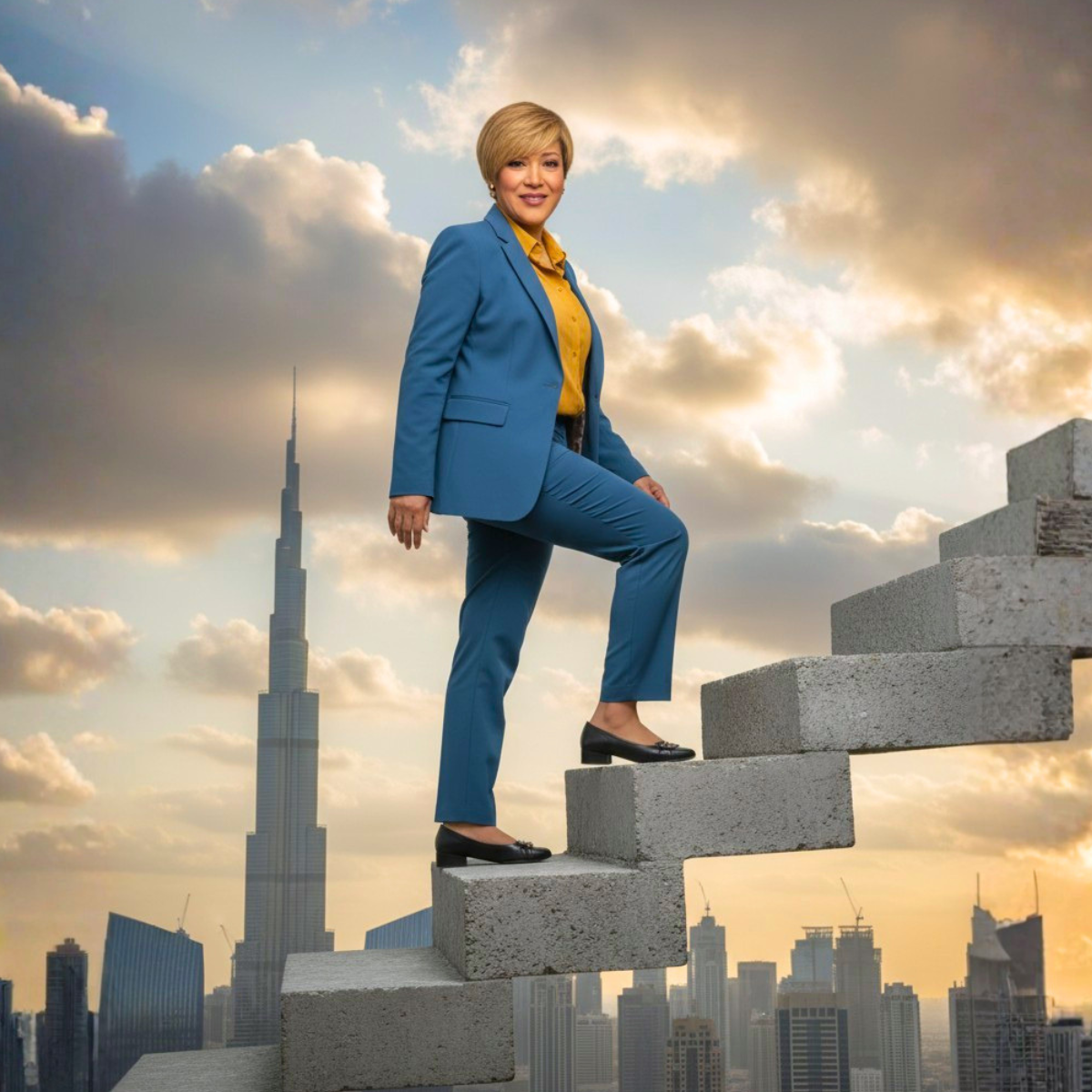 Life mentor and author Sahar Huneidi Palmer in blue suit and yellow shirt climbing up step against background of Dubai and Burj Khalifa in the skyline