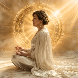 Life mentor Sahar Huneidi Palmer on the cover of a personal growth tool wearing white flowing dress, sitting in meditation, with a circle of light in the background