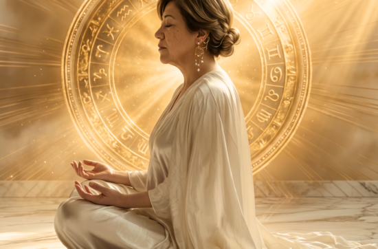 Life mentor Sahar Huneidi Palmer on teh cover of a personal growth tool wearing white flowing dress, sitting in meditation, with a circle of light in the background