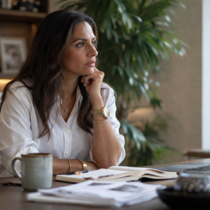 Professional creator paused in front of a laptop, looking uncertain and not taking action, illustrating hesitation despite clarity Unbox with Sahar Blog