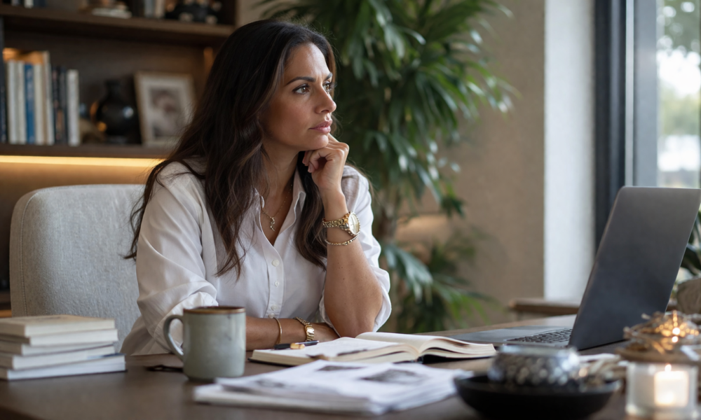 Professional creator paused in front of a laptop, looking uncertain and not taking action, illustrating hesitation despite clarity Unbox with Sahar Blog