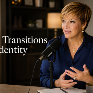 Sahar Huneidi Palmer speaking into a podcast microphone with the editorial headline “Life Transitions & Identity.