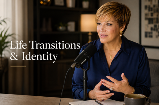 Sahar Huneidi Palmer speaking into a podcast microphone with the editorial headline “Life Transitions & Identity.