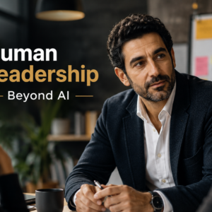 Professional leadership image showing a confident business leader standing apart from digital AI elements, symbolising authentic human leadership, judgement, and presence in an age of artificial intelligence.
