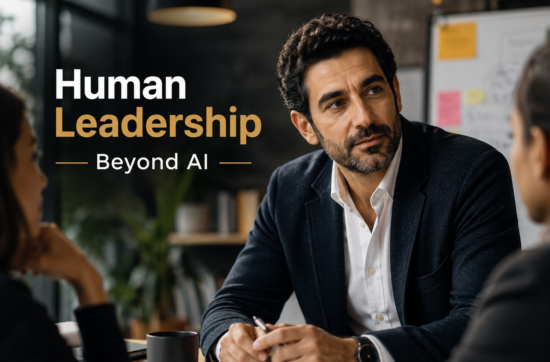 Professional leadership image showing a confident business leader standing apart from digital AI elements, symbolising authentic human leadership, judgement, and presence in an age of artificial intelligence.