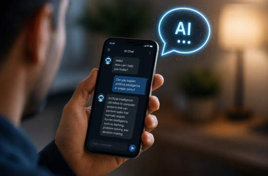 Close-up of a hand holding a mobile phone while artificial intelligence speech bubbles appear on screen, representing how AI is changing the way people receive information and evaluate trust- Unbox The Podcast