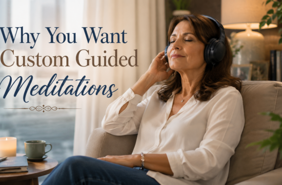 Executive listening to a personalised guided meditation through headphones in a modern office, taking time to relax, improve focus and reconnect with self-awareness.