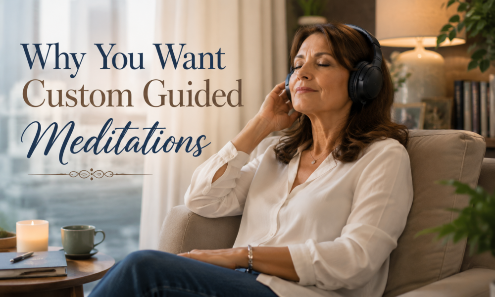 Executive listening to a personalised guided meditation through headphones in a modern office, taking time to relax, improve focus and reconnect with self-awareness.
