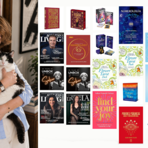 Intuitive Life Mentor, Sahar Huneidi Palmer standing holding her black and white cat by her book case, displaying new books that have been translated into Spanish