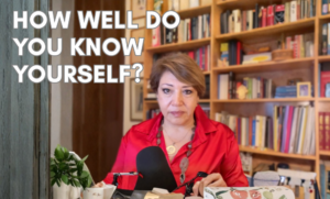 Sahar Huneidi-Palmer speaking on self-awareness from her home library, with the text “How Well Do You Know Yourself?” displayed beside her.