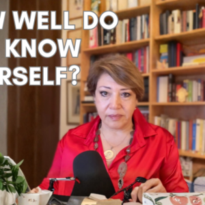 Sahar Huneidi-Palmer speaking on self-awareness from her home library, with the text “How Well Do You Know Yourself?” displayed beside her.