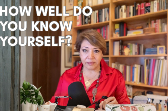 Sahar Huneidi-Palmer speaking on self-awareness from her home library, with the text “How Well Do You Know Yourself?” displayed beside her.