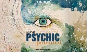 Illustrated Unbox Your Psychic Potential cover with a central eye, teal and gold artwork, designed to help strengthen your intuition