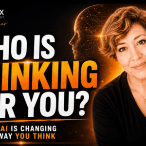 cover of episode 28 of Unbox the podcast with Intuitie ife mentor's face, Sahar Huneidi Palmer, about Who Is thinking for You; against black background and titile in white and orange
