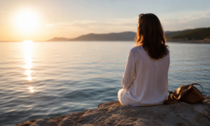 A woman sits quietly on a rocky shoreline at sunset, looking across calm water towards distant mountains. Warm golden light reflects on the sea, creating a peaceful scene that symbolises reflection, self-awareness and reconnecting with your authentic identity.
